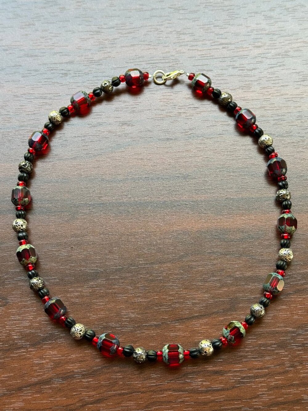 Deep Red Cathedral Bead Necklace with Lava Rock Accents Handmade